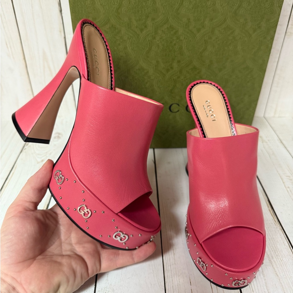 Gucci Malaga Kid Janaya Platform Leather Sandals Rhodamine Pink Sz 39.5 / 9.5 - Picture 6 of 16